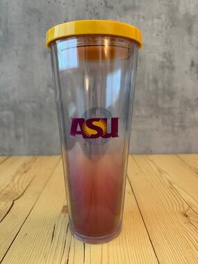 Starbucks Tall Clear Tumbler with Yellow Lid and Maroon ASU Logo